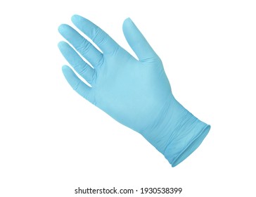 Medical Nitrile Gloves. Blue Surgical Gloves Isolated On White Background With Hands. Rubber Glove Manufacturing, Human Hand Is Wearing A Latex Glove. Doctor Or Nurse Putting On Protective Gloves