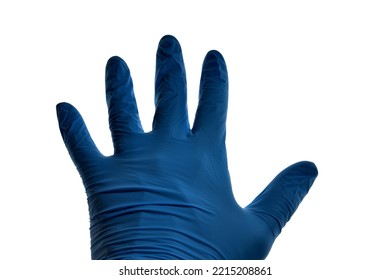 Medical Nitrile Gloves.Two Blue Surgical Gloves Isolated On White Background With Hands. Rubber Glove Manufacturing, Human Hand Is Wearing A Latex Glove.