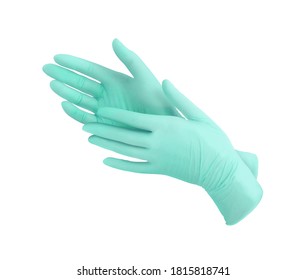 Medical Nitrile Gloves.Two Green Surgical Gloves Isolated On White Background With Hands. Rubber Glove Manufacturing, Human Hand Is Wearing A Latex Glove. Doctor Or Nurse Putting On Protective Gloves