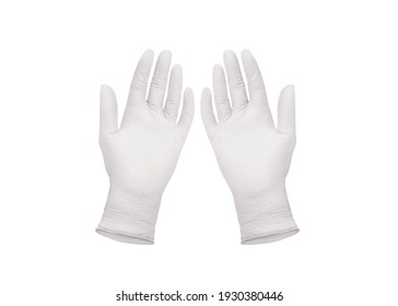 Medical Nitrile Gloves.Two White Surgical Gloves Isolated On White Background With Hands. Rubber Glove Manufacturing, Human Hand Is Wearing A Latex Glove. Doctor Or Nurse Putting On Protective Gloves