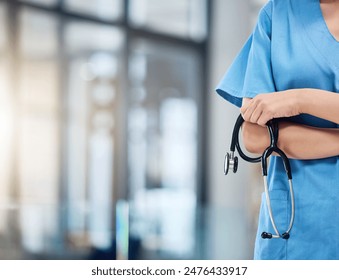 Medical, nurse and person in hospital with stethoscope, support and healthcare professional or nursing employee. Trust, medicine and heart listening equipment, clinic and insurance for wellness help