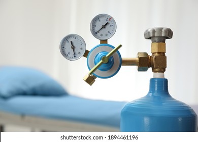 Medical Oxygen Tank In Hospital Room, Closeup