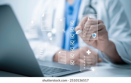 Medical performance checklist, Medical worker using laptop doing online checklist survey, filling out digital form checklist, take an assessment, questionnaire, evaluation, online survey, online exam