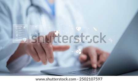 Medical performance checklist, Medical worker using laptop doing online checklist survey, filling out digital form checklist, take an assessment, questionnaire, evaluation, online survey, online exam.