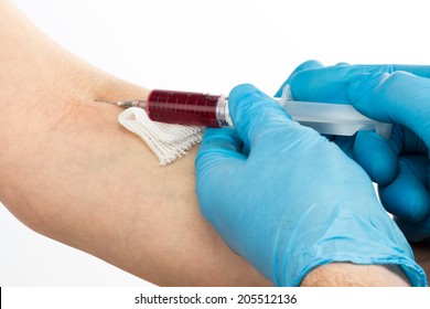 Medical Person Drawing Blood With Syringe And Hypodermic Needle From A Patient's Vein, On White Isolated Background