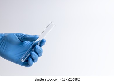 Medical Person Or Scientist Holding Glass Test Tube Isolated Over Gray Background. Copy Space.