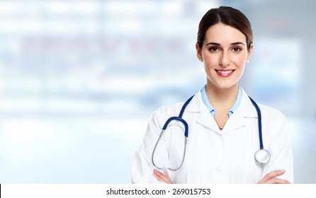Medical physician doctor  woman over blue clinic background. - Powered by Shutterstock