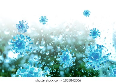 Medical picture of blue covid-19 cell on raining season background, corona virus 3d rendering human illness disease illustration.