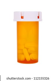 A Medical Pill Bottle With A Blank Label For Copy Space And The Bottle Is Isolated On A White Background.