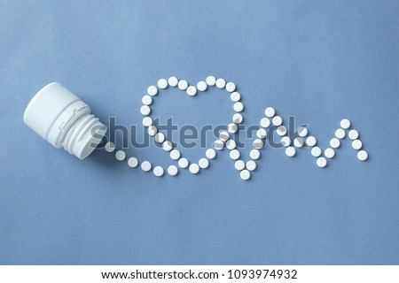 medical pills in the form of heart and cardiogram, capsules on a blue background. concept of a healthy heart,