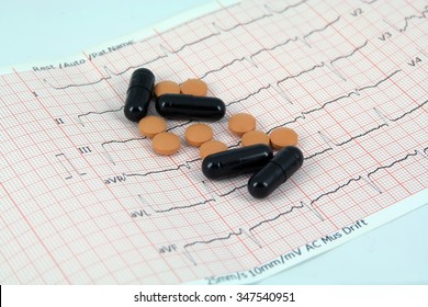 Medical Pills On A ECG. Pills On A ECG Strip. Hearth Disease And A Cure.