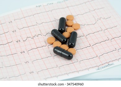 Medical Pills On A ECG. Pills On A ECG Strip. Hearth Disease And A Cure.