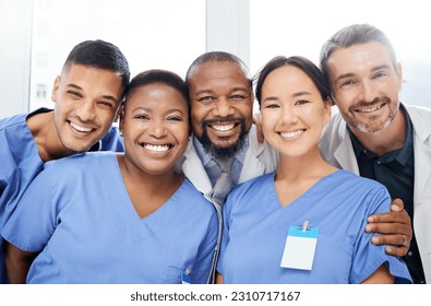 Medical, portrait of doctors and happy together at hospital or clinic with smile. Diversity, medical team for healthcare and excited or cheerful group of nurse or surgeons smiling for health wellness - Powered by Shutterstock
