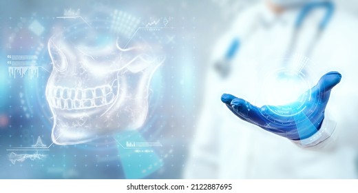 Medical poster, human skull anatomy, jaw x-ray, teeth snapshot. The doctor looks at the x-ray hologram of the jaw. Dentist, orthodontist, toothache, bite - Powered by Shutterstock