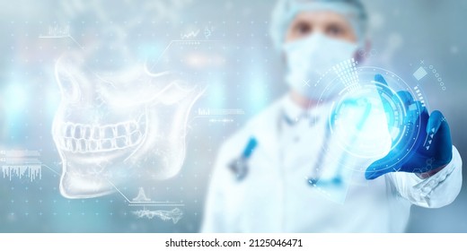 Medical poster, human skull anatomy, jaw x-ray, teeth snapshot. The doctor looks at the x-ray hologram of the jaw. Dentist, orthodontist, toothache, bite - Powered by Shutterstock