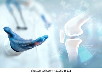 Medical poster image of the bones of the knee, the joint in the knee. Arthritis, inflammation, fracture, cartilage,. Copy space.