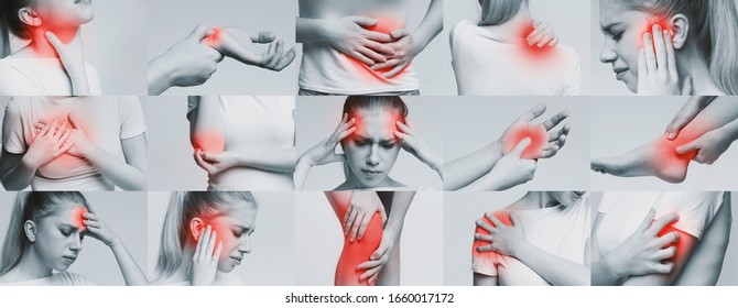 Medical problems collage. Young female showing pain in different body parts - Shutterstock ID 1660017172