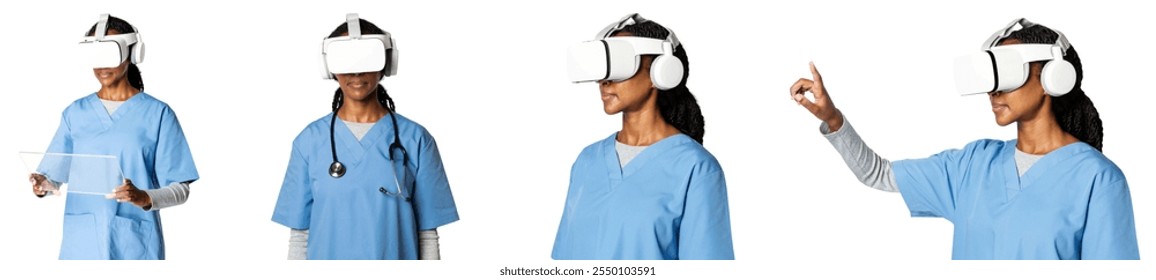 Medical professional in blue scrubs using VR headset. Virtual reality in healthcare. VR technology in medicine. Doctor with VR gear. Healthcare innovation. Future medical technology on nurses isolated - Powered by Shutterstock