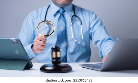 A medical professional examines documents with a magnifying glass, merging healthcare and legal analysis to ensure compliance and quality Technology aids in the investigation of medical practices - Powered by Shutterstock