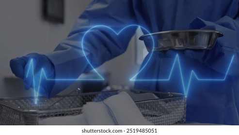 Medical professional handling instruments, heart rate image over surgical setting. Healthcare, surgery, doctor, operation, cardiovascular, monitoring - Powered by Shutterstock