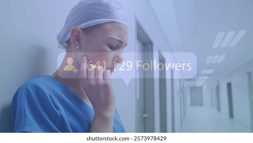 Medical professional in hospital hallway with followers count image over scene. Healthcare, social media, technology, digital, online presence, doctor