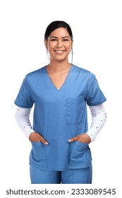 Medical, professional and portrait of a happy female doctor, nurse or surgeon in scrubs. Confidence, smile and face of a young Mexican woman healthcare worker isolated by transparent png background