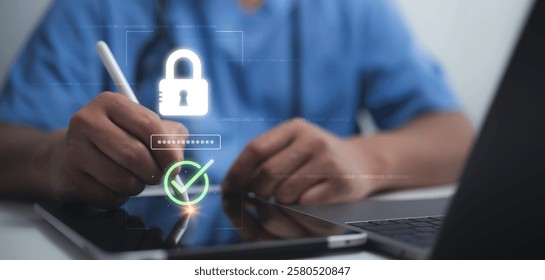 Medical professional securing digital healthcare data, showcasing security and privacy protection in the modern medical industry. Highlighting encryption, authentication and secure access solutions