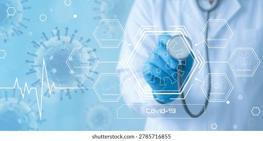Medical professional using digital interface highlighting Covid19 virus and healthcare technology solutions