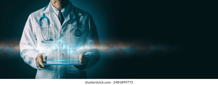 Medical Professional Using Futuristic Digital Tablet Technology. Healthcare Innovation, Patient Treatment, Doctor Analyzing Virtual Data Interface, Medical Technology Advancements, Modern Healthcare. - Powered by Shutterstock