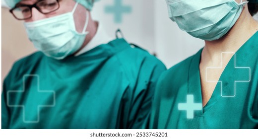 Medical professionals in green scrubs and masks, focused on healthcare. Doctors in surgical attire, emphasizing medical care and surgical precision. Surgeon and doctor in scrubs, in surgery room. - Powered by Shutterstock