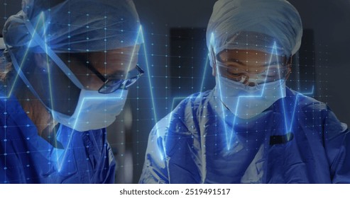 Medical professionals in surgical attire with heartbeat image over grid background. Healthcare, surgery, doctors, nurses, hospital, operating room - Powered by Shutterstock