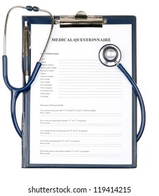 Medical Questionnaire In A Clipboard With Stethoscope