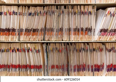 Medical Records Folder Archive Organized In The File Cabinet All In A Row