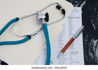 Medical Records, Stethoscope, Pen, Exam Folder, Blood Test Results, MRI