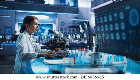 Medical Research And Development Center: Caucasian Female Scientist Using Microscope To Analyze Petri Dish Sample. Specialist Developing Innovative Medicine For Rehabilitation Of Patients After Stroke