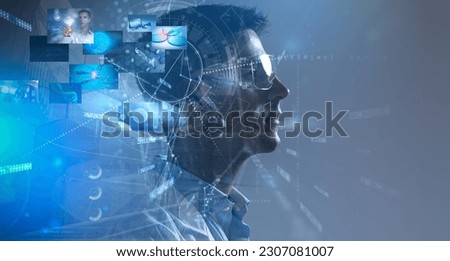Medical research frontiers concept. Composite image of scientist or doctor wearing protective glasses with scientific data and lab tests images.