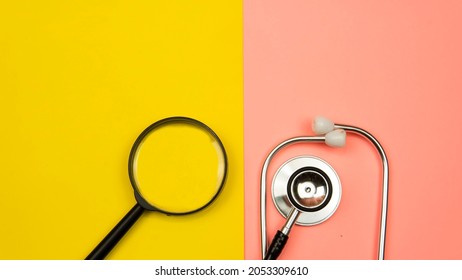 Medical Research  Health Concept. Breakthrough On Medical Field. Selective Focus On A Statestoscope, Magnifying Glass, Fake Money.