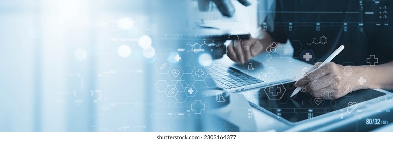 Medical Research, Health technology, Healthcare and medicine concept. Technician using digital tablet, studying chemical elements in hospital laboratoty with medical icons, microbiology - Powered by Shutterstock