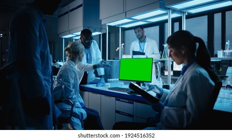 Medical Research Laboratory Meeting: Diverse Team Of Scientists Use Personal Computer Showing Green Chroma Key Screen. Advanced Lab For Medicine, Technology Development. Blue Evening Shot