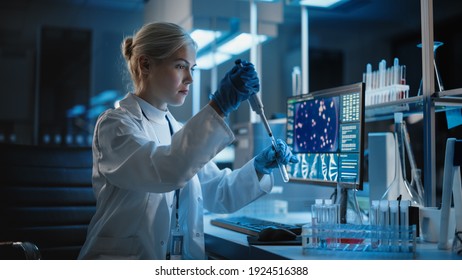 Medical Research Laboratory: Portrait of Female Scientist Working with Samples, using Micro Pipette Analysing Sample. Advanced Scientific Lab for Medicine, Biotechnology, Vaccine Development - Shutterstock ID 1924516388