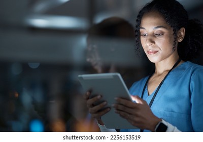 Medical, research and night with doctor and tablet for planning, medicine and schedule. Technology, review and digital with black woman reading report for healthcare, science and life insurance news - Powered by Shutterstock