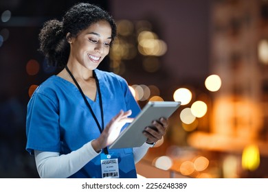 Medical, research and night with doctor and tablet for planning, medicine and schedule. Technology, review and digital with black woman reading report for healthcare, science and life insurance news - Powered by Shutterstock