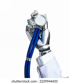 Medical robot hand holding stethoscope. - Shutterstock ID 2229944433