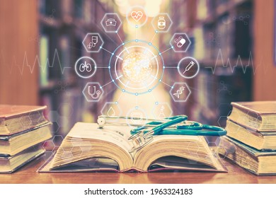 Medical School Education With Telemedicine And Telehealth Science Study, AI Lab Research Concept With Global Healthcare Educational Icons On Old Book And Stethoscope In Learning Class Room Or Library