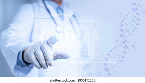 Medical Science And Biotechnology.Doctor Touch On Virtual Interface With Analysis Chromosome DNA Genetic Of Human