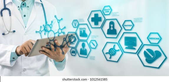 Medical Science Concept - Doctor in hospital lab with research icons in modern interface showing symbol of medicine innovation, treatment, discovery and healthcare analysis.