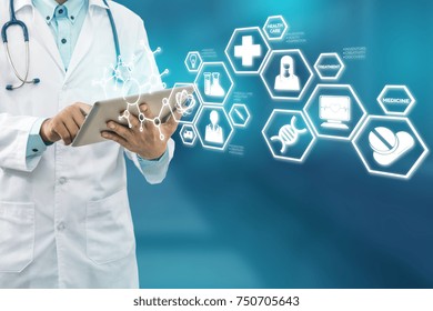 Medical Science Concept - Doctor In Hospital Lab With Research Icons In Modern Interface Showing Symbol Of Medicine Innovation, Treatment, Discovery And Healthcare Analysis.