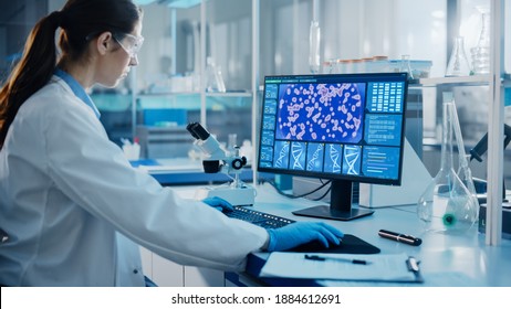 Medical Science Laboratory with Diverse Multi-Ethnic Team of Biotechnology Scientists Developing Drugs, Microbiologist Working on Computer with Display Showing Gene Editing Interface.