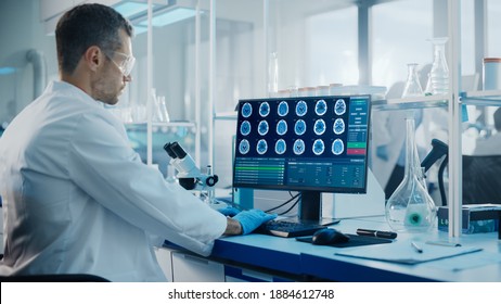 Medical Science Laboratory With Diverse Multi-Ethnic Team Of Neurotechnology Scientists Developing Medicines, Neurobiologist Working On Computer With Display Showing Neuroimaging Of A Brain With Scans