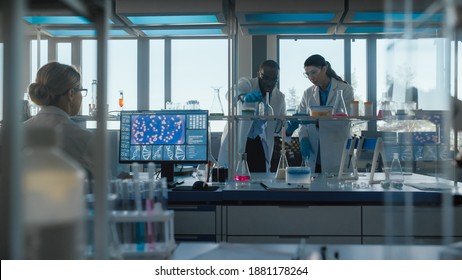 Medical Science Laboratory with Diverse Team of Professional Research Scientists Talking, Working with Microscopes, Computers, Micro Pipettes. Developing Drugs, Gene Editing using High-Tech Equipment